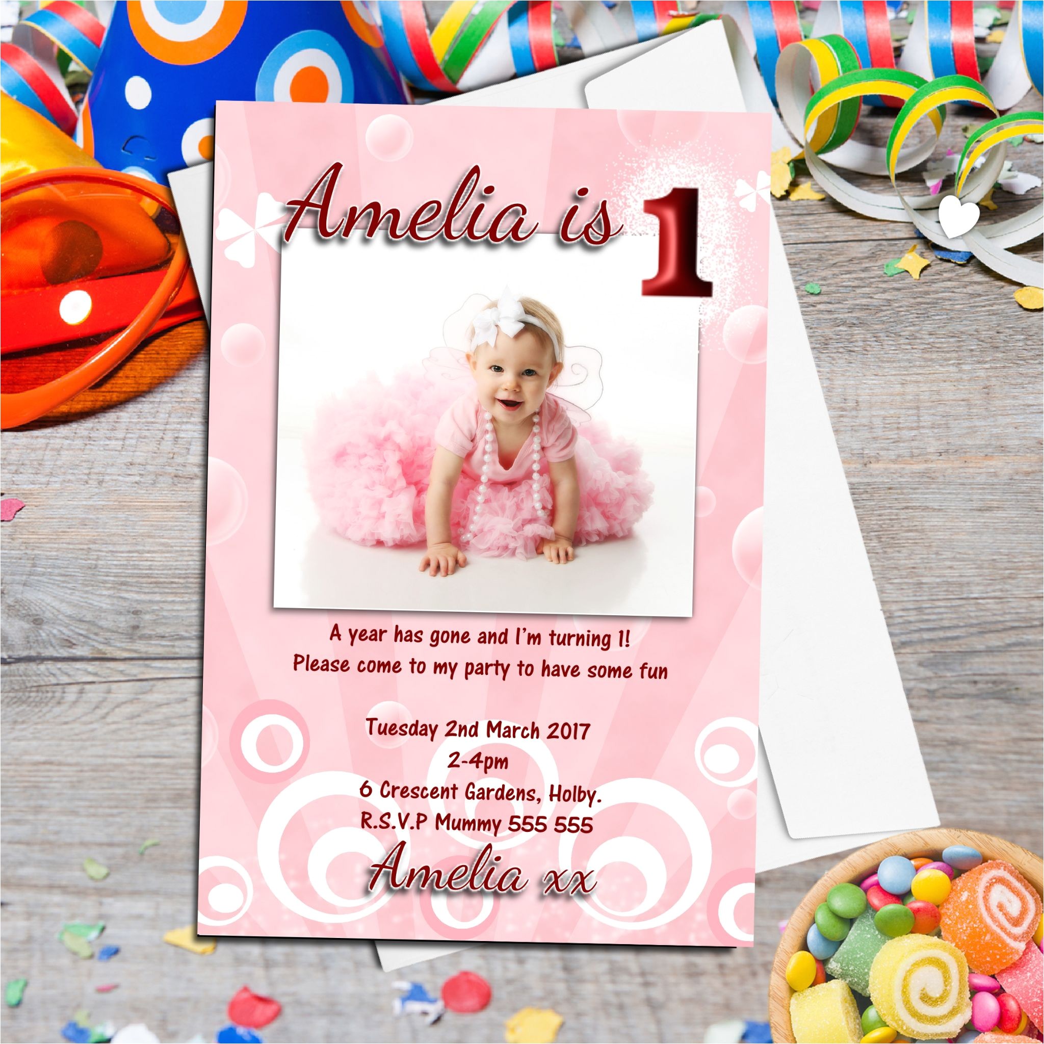 10 personalised girls first birthday party photo invitations n12 518 p