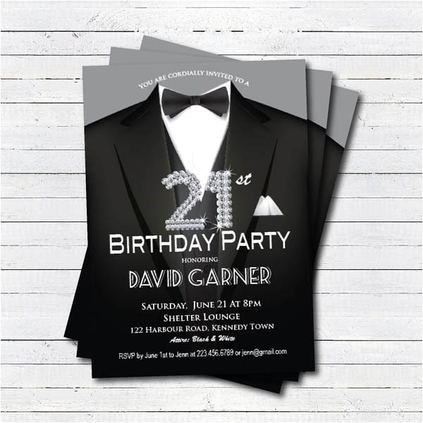 21st Birthday Invitations Male 21st Birthday Invitation Man Black Tie and Suit Diamond