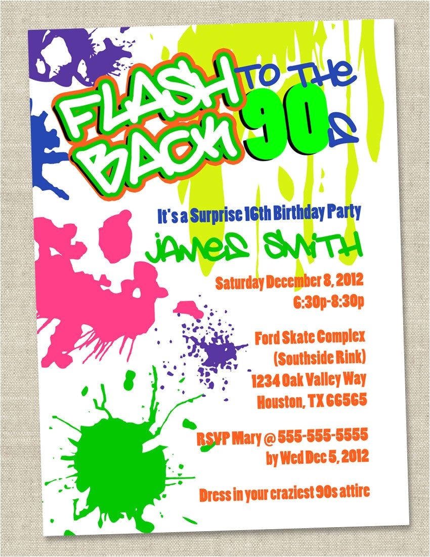 90s theme Party Invitations Graffiti Birthday Invitations Neon Party Invitation