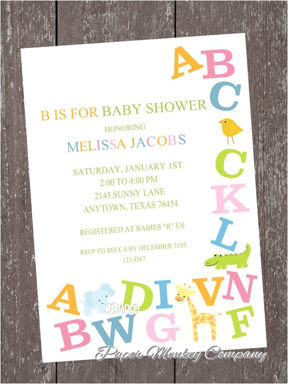 Alphabet Baby Shower Invitations Alphabet Baby Shower Invitations by Paper Monkey Pany