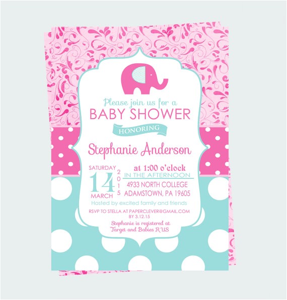 baby shower invitation girls elephant aqua