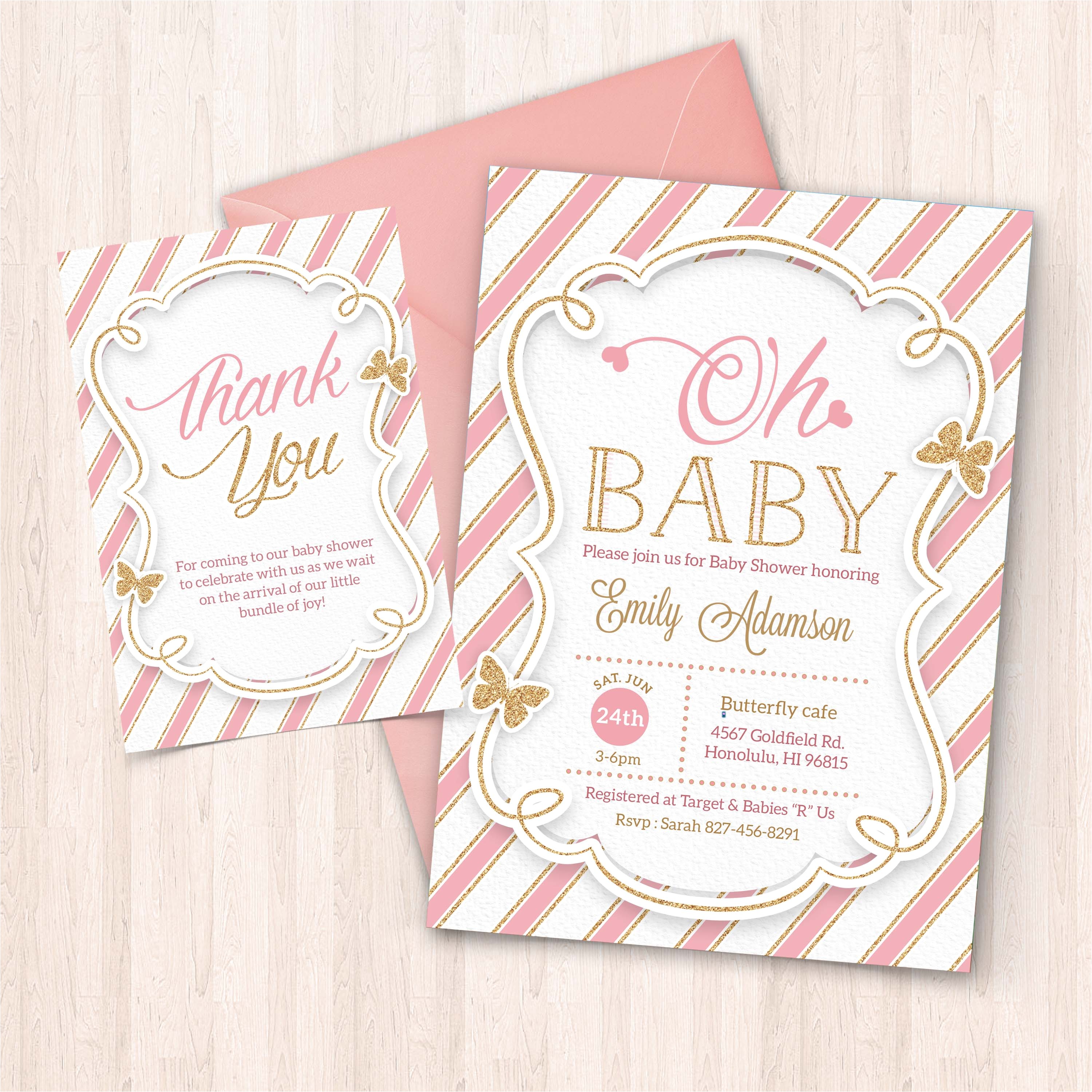 printable pink and gold baby shower invitation free thank you card to print at home