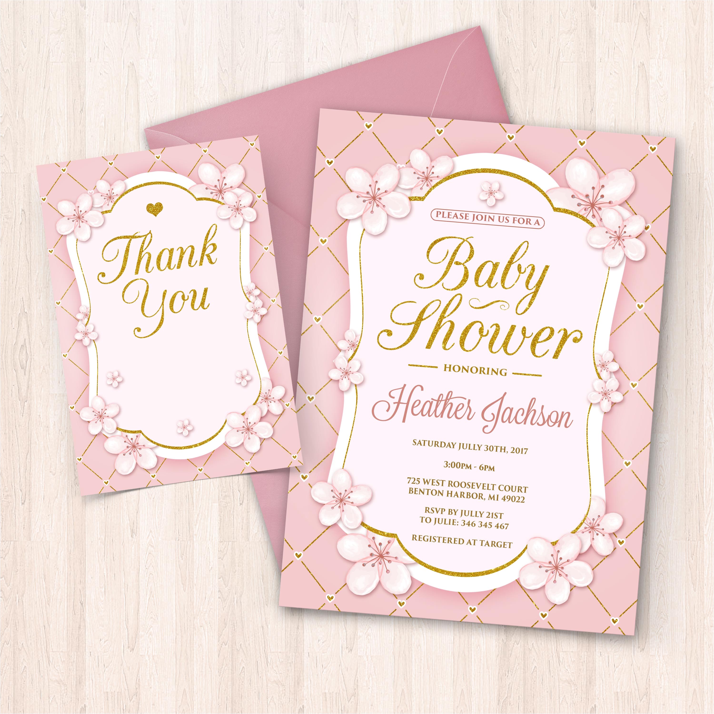 printable pink white gold baby shower invitations free thank you cards to print at home
