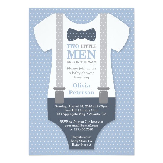 twin little men baby shower invitation blue gray card