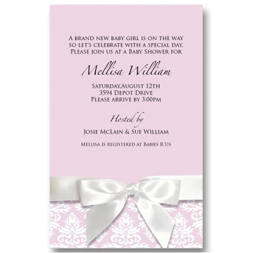 damask ribbon pink baby shower invitations slis0053
