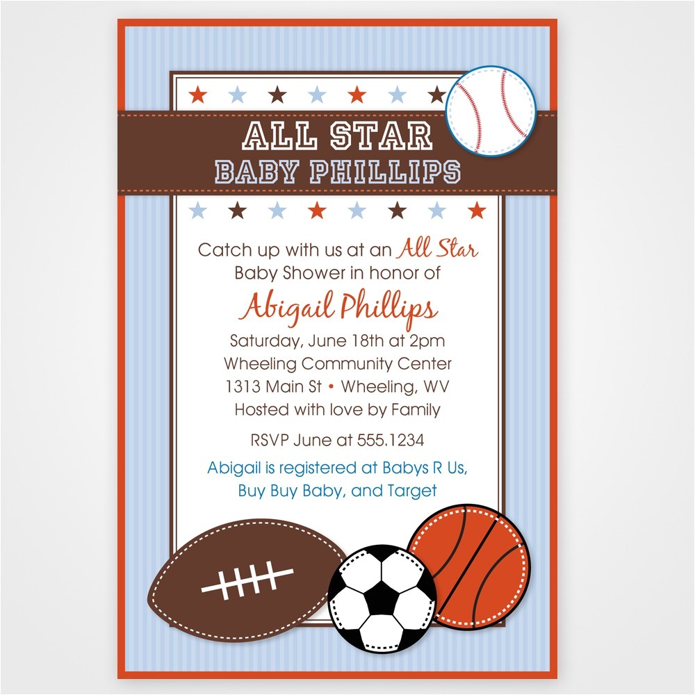 sports themed baby shower invitation card design with brown border also white background color and ball decals