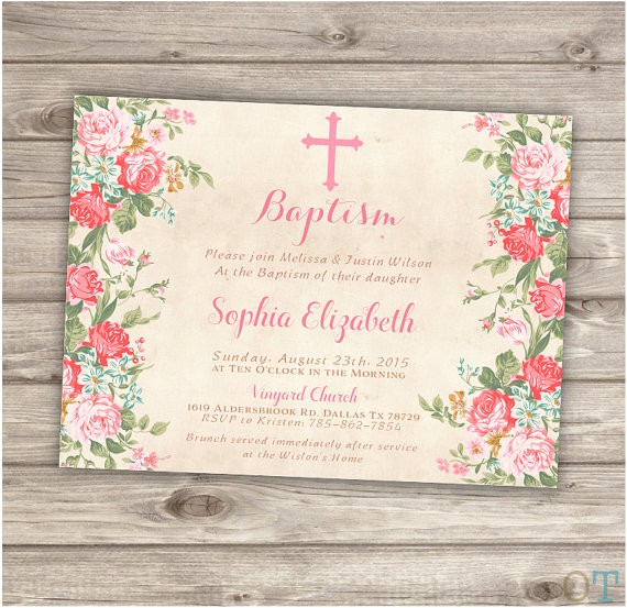 baptism invitations floral cross pink