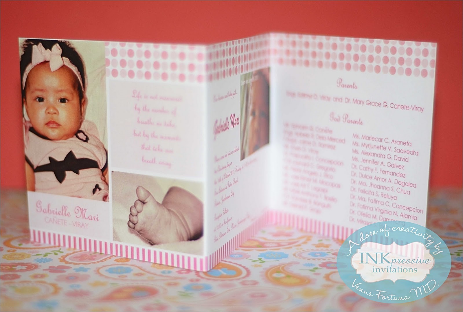 christening invitation trifold dots and