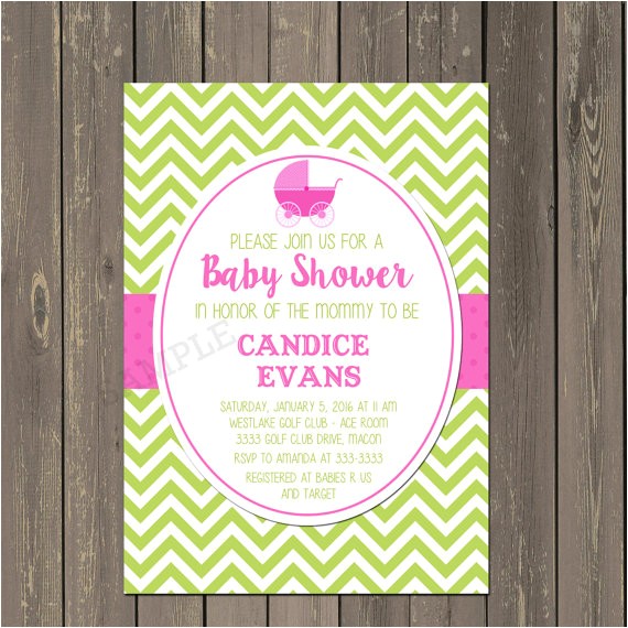 stroller baby shower invitation preppy hot pink and green chev