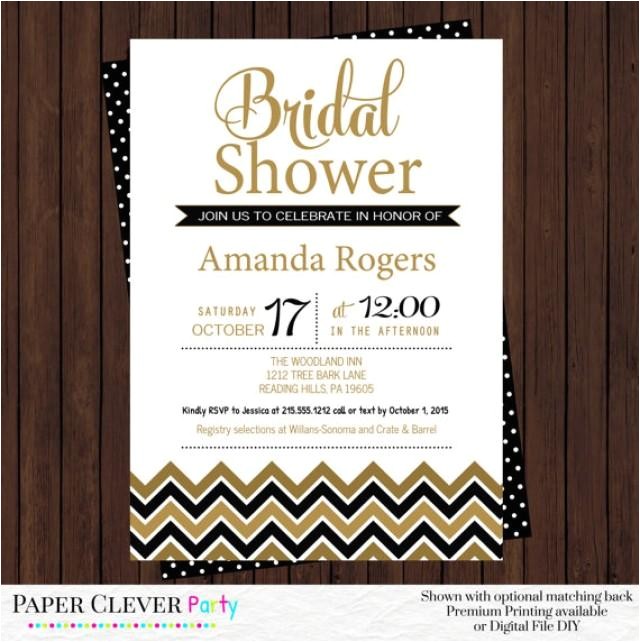 black and gold bridal shower invitations modern chevron champagne brunch party elegant wedding theme personalized prints or printable