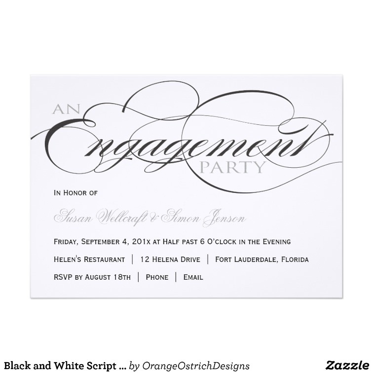 black and white script engagement party invitation