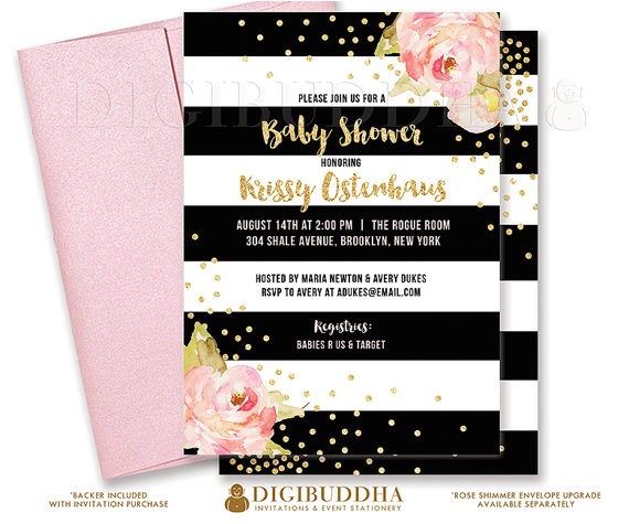 black white baby shower invitation pink