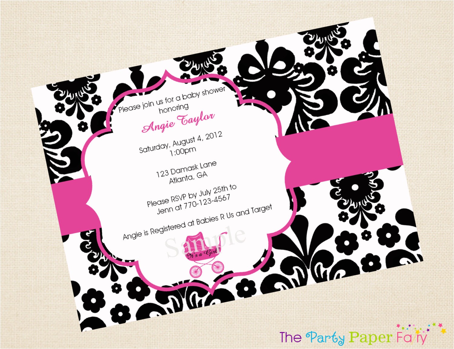 black and pink baby shower invitations