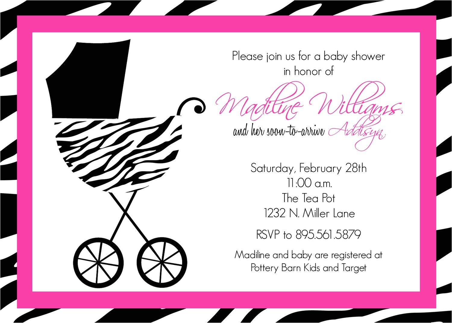 pink and black zebra baby shower invitations