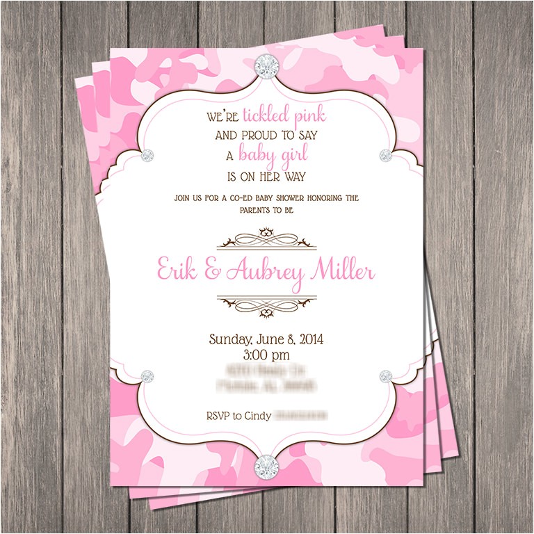 pink camo bling baby shower invitation