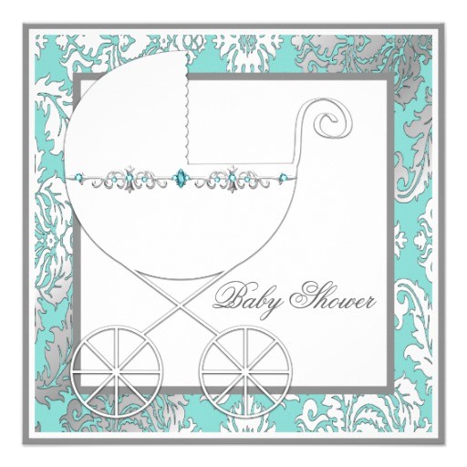 teal blue silver carriage baby shower invitations