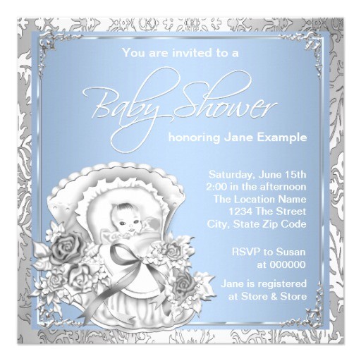 vintage silver and blue baby boy shower invites