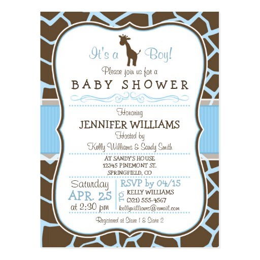 blue giraffe print boy baby shower invitation postcard