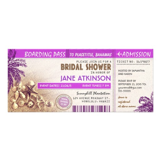 purple boarding pass tickets for bridal shower invites