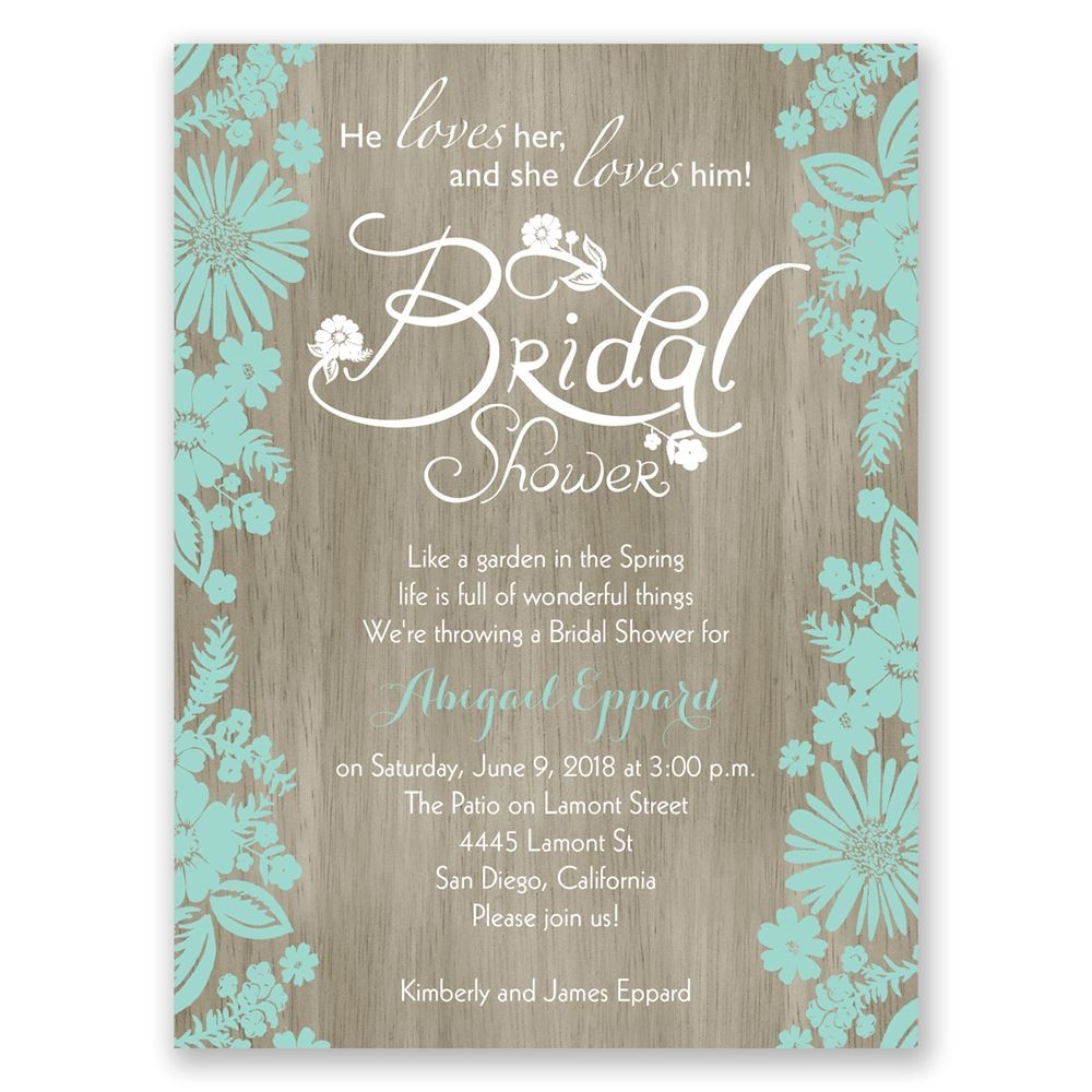 flowers and woodgrain petite bridal shower invitation