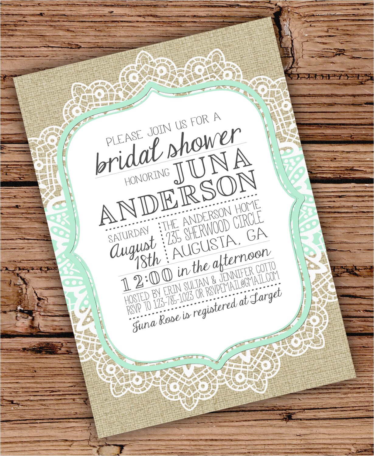 burlap and lace bridal shower invitation