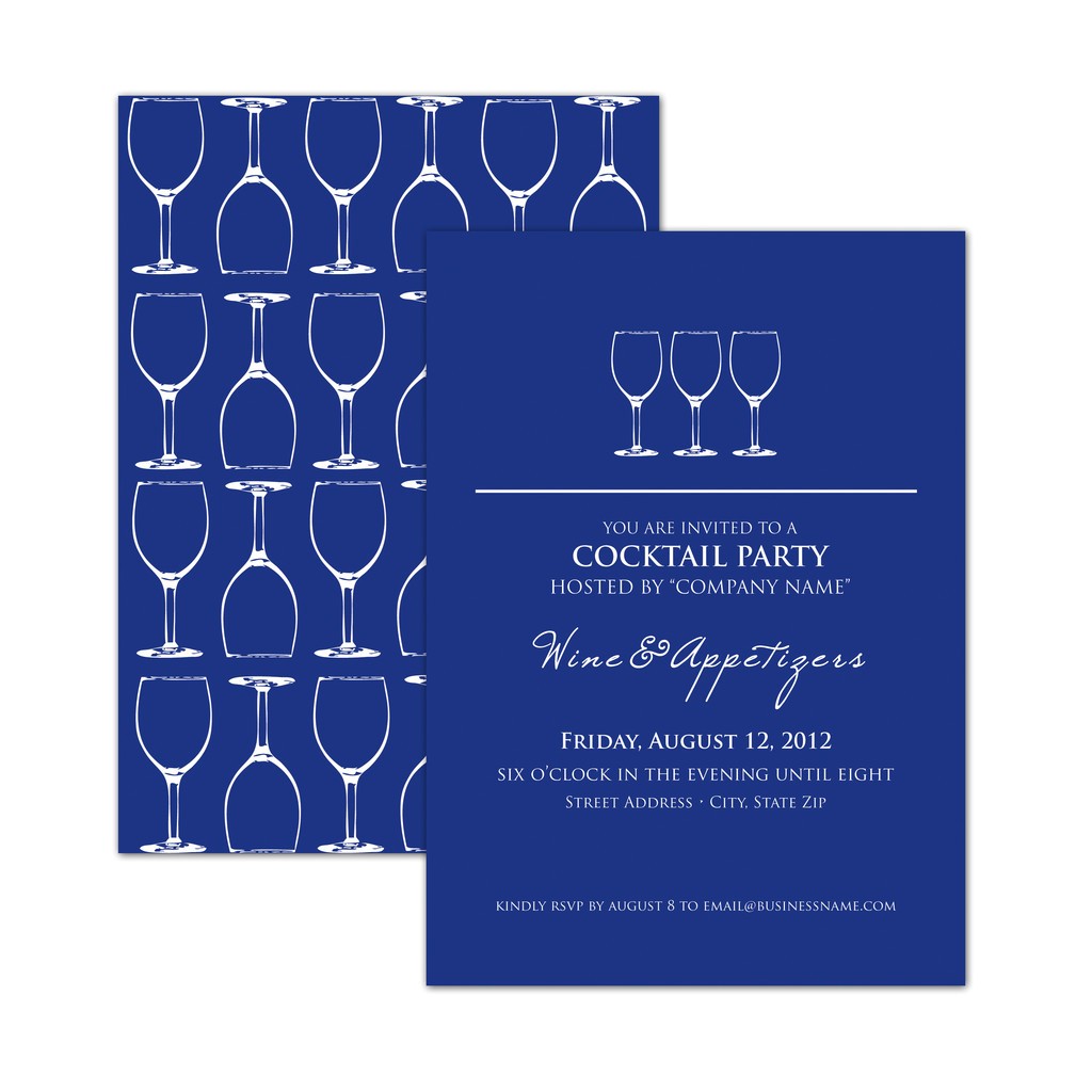 modern corporate cocktail party invitation card template with blue paper and white wine glasses and text color for business