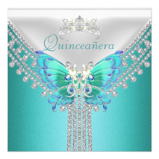 quinceanera teal blue white butterfly diamond invitation 161497200430680954