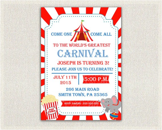 carnival circus theme 1st birthday invitation