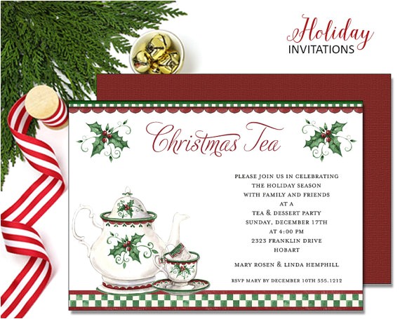 christmas holly tea party invitations christmas