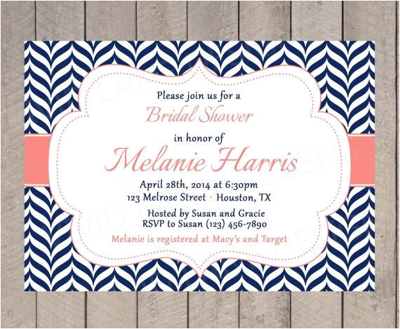 bridal shower invitation navy and coral wedding shower invitation printable navy chevron invite 111