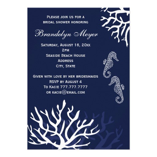 navy coral reef seahorse bridal shower invitations