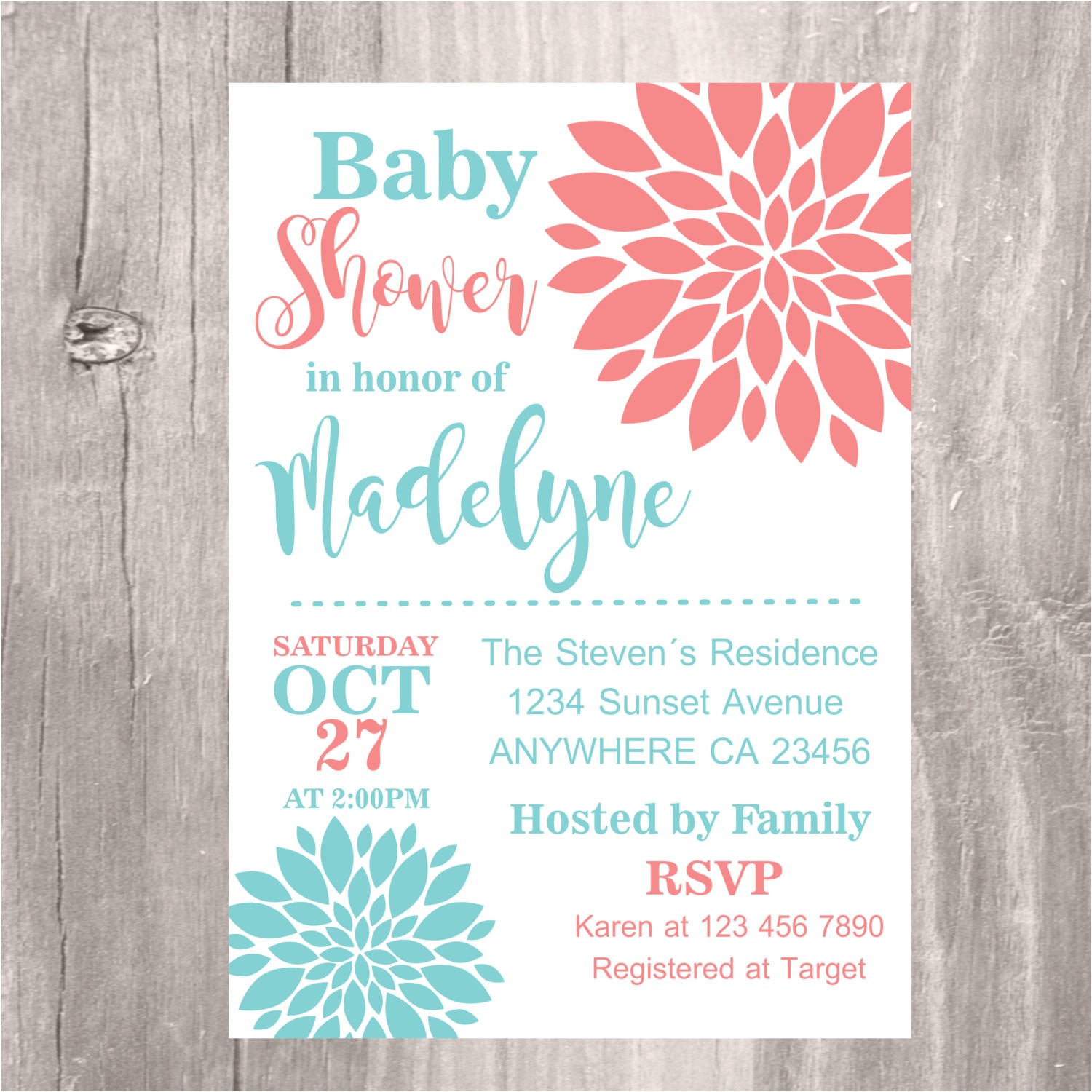 baby shower invitation coral and teal