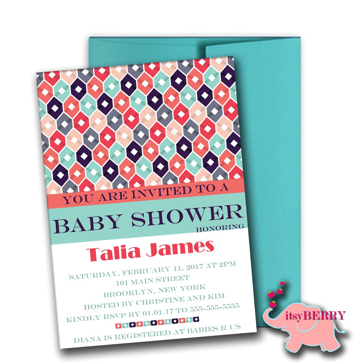 coral and teal pattern baby shower