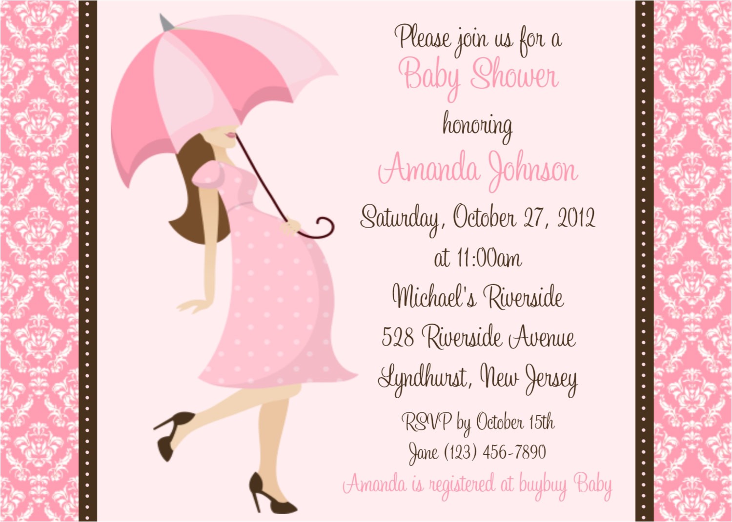 damask baby shower girl invitation