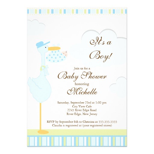 cute little stork boy baby shower invitation