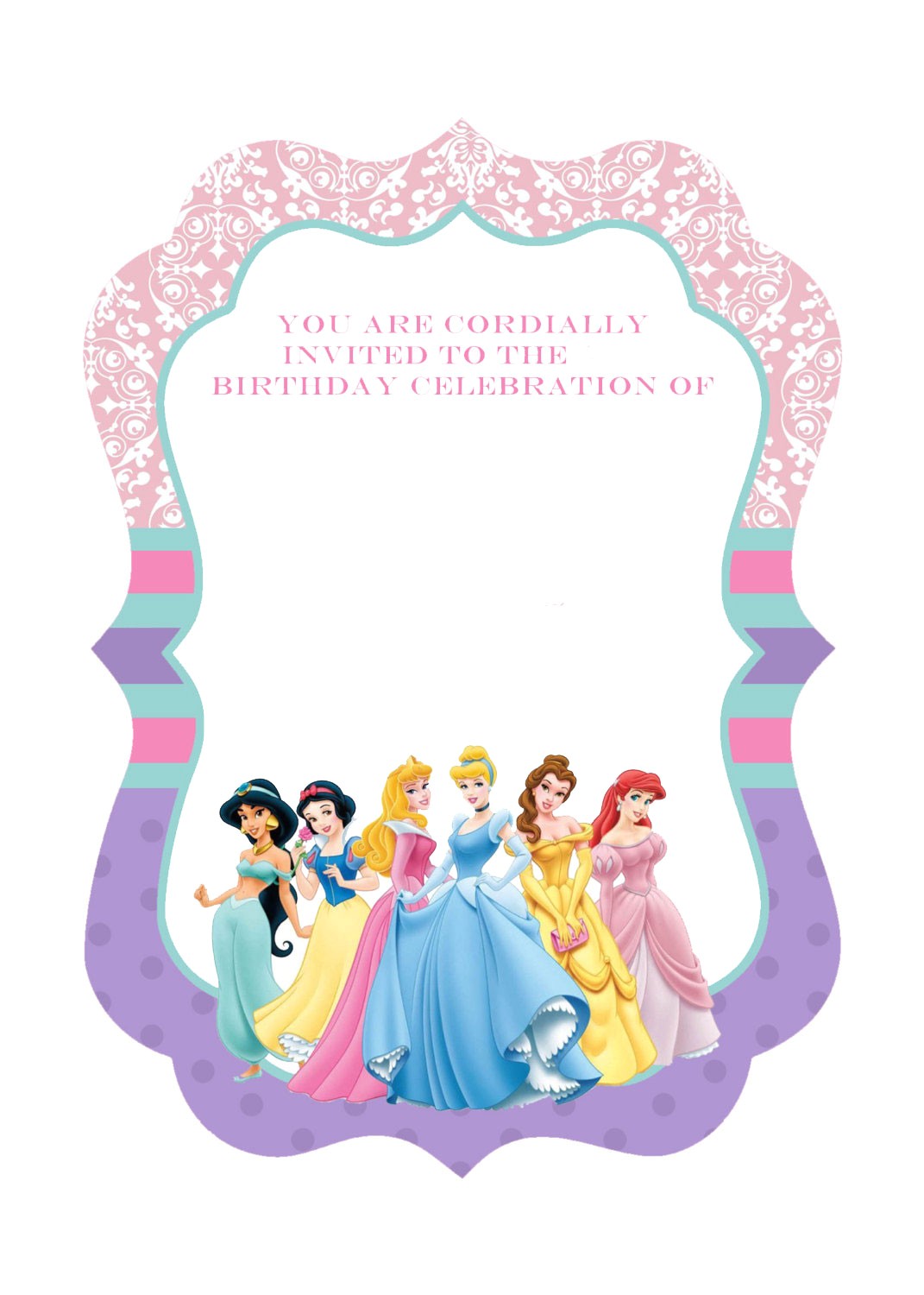 free printable ornate disney princesses invitation