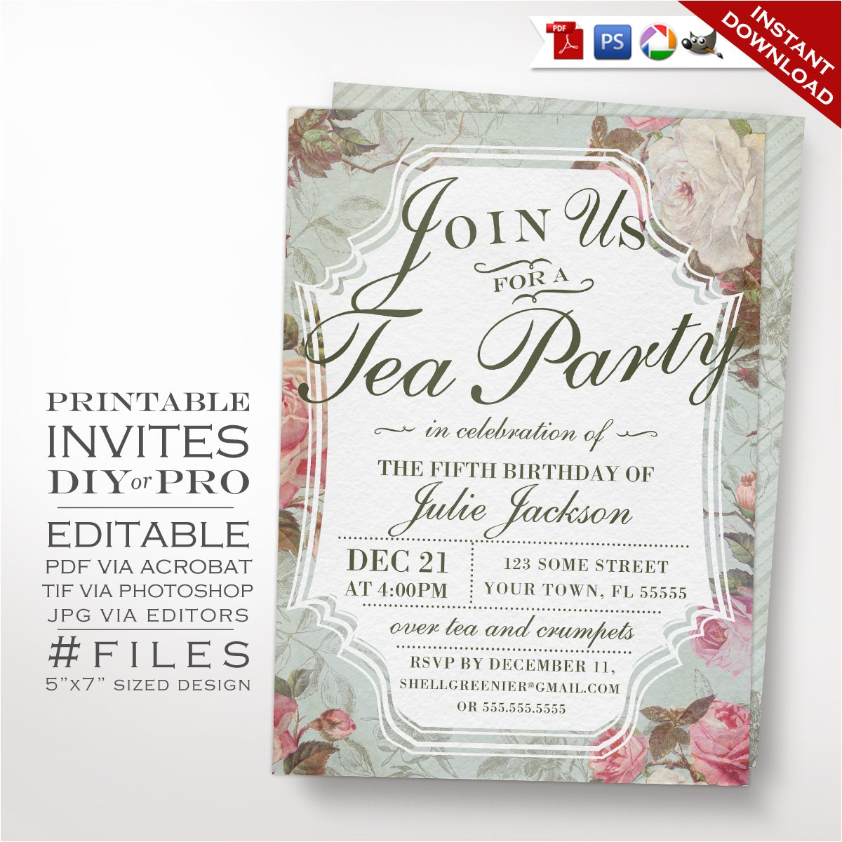 diy vintage rose tea party theme birthday invitation printable template