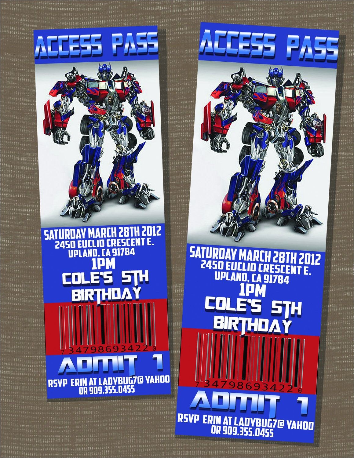 Diy Transformer Birthday Invitations Transformers Birthday Optimus Prime Ticket Invite $10 00