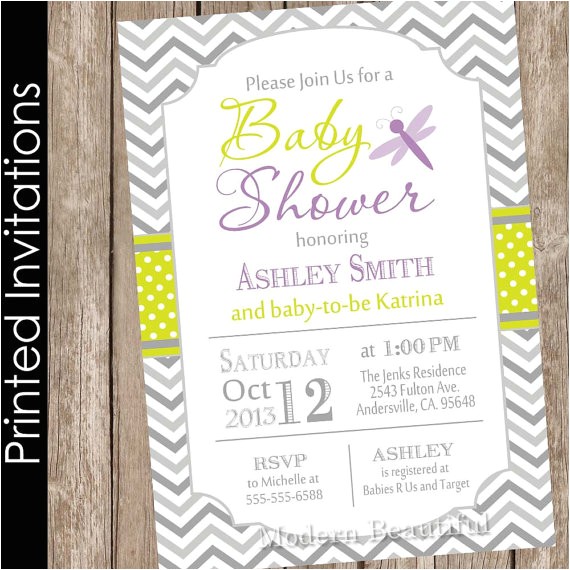 printed dragonfly baby shower invitation green