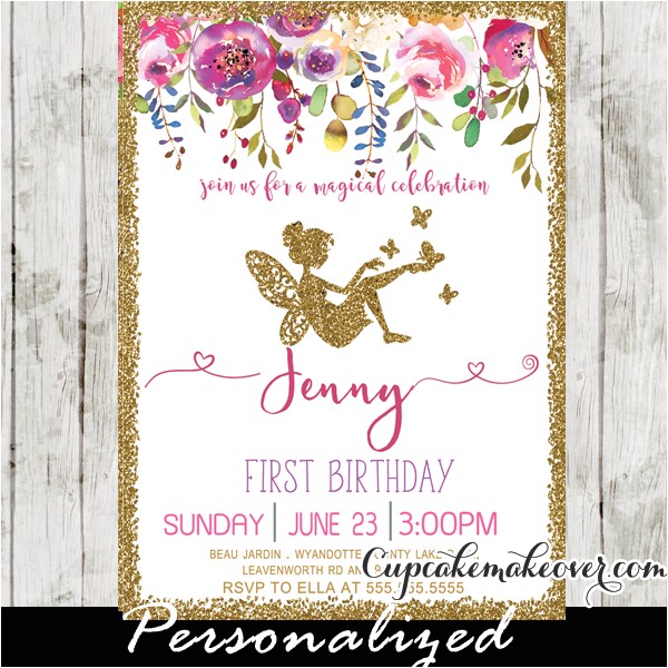 fairy first birthday invitations pink floral gold glitter