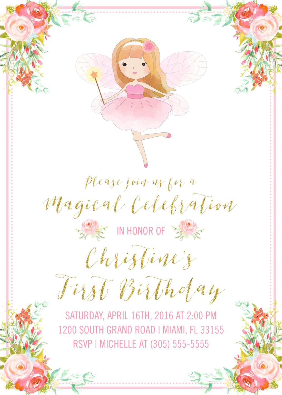 pink and gold fairy girl birthday