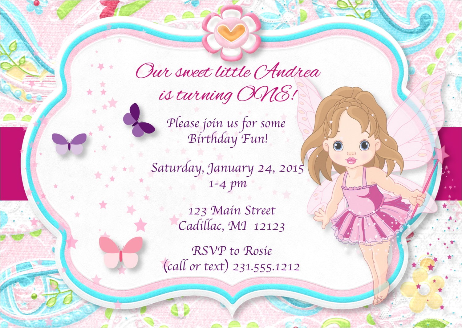 pink pixie fairy birthday invitation 1st