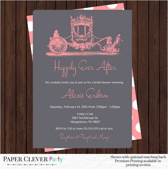 fairy tale bridal shower invitations coral wedding shower invites vintage horse and carriage printed or printable digital file