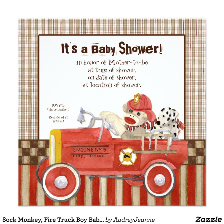 sock monkey fire truck boy baby shower invitation
