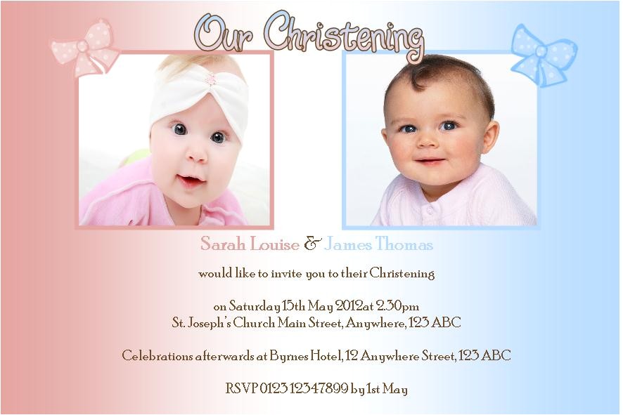 personalised boy girl twins christening photo invitations 836 p