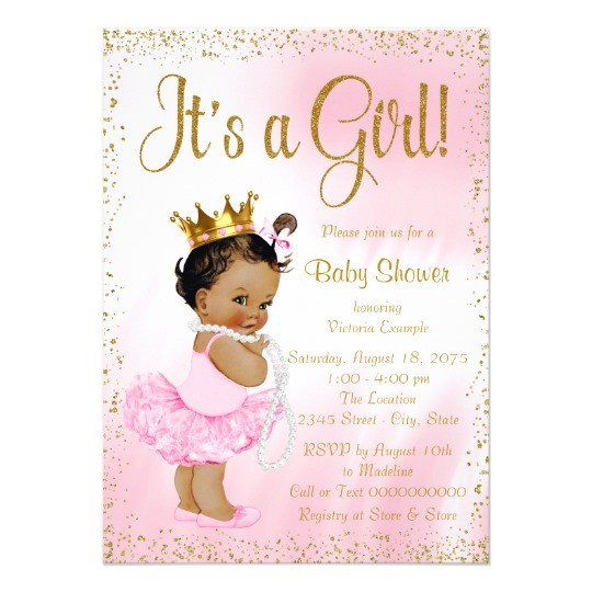 pink gold african american princess baby shower card