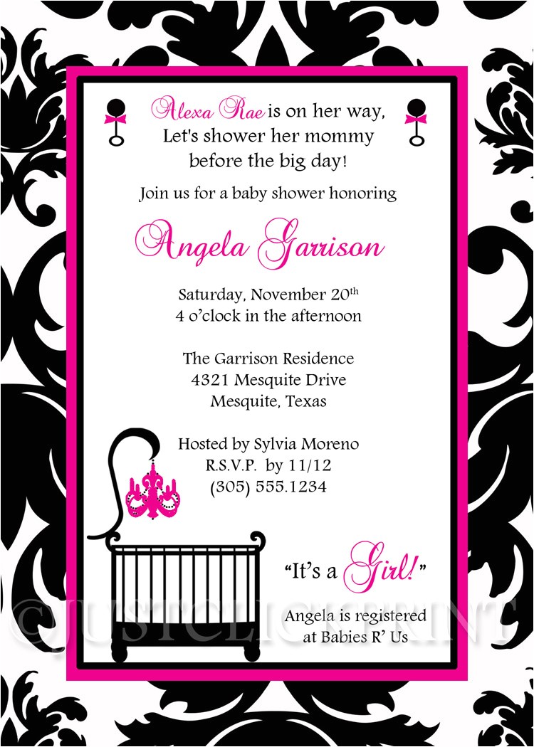 elegant white black hot pink damask baby shower invitation printable