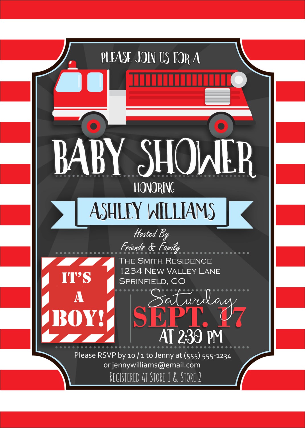 fire truck baby shower invitation personalized printable digital file firefighter themed invite