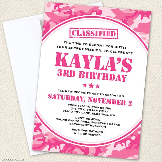 pink camo army party invitations professionally