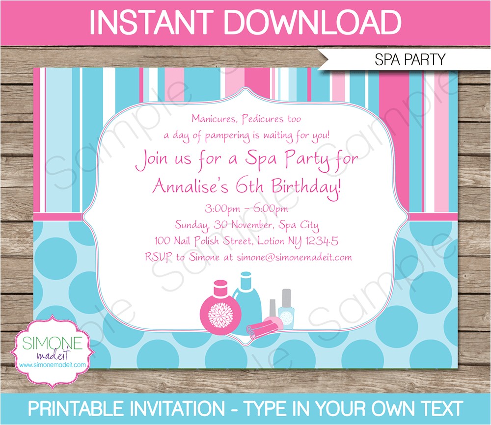 post spa party invitations printable and editable 361416